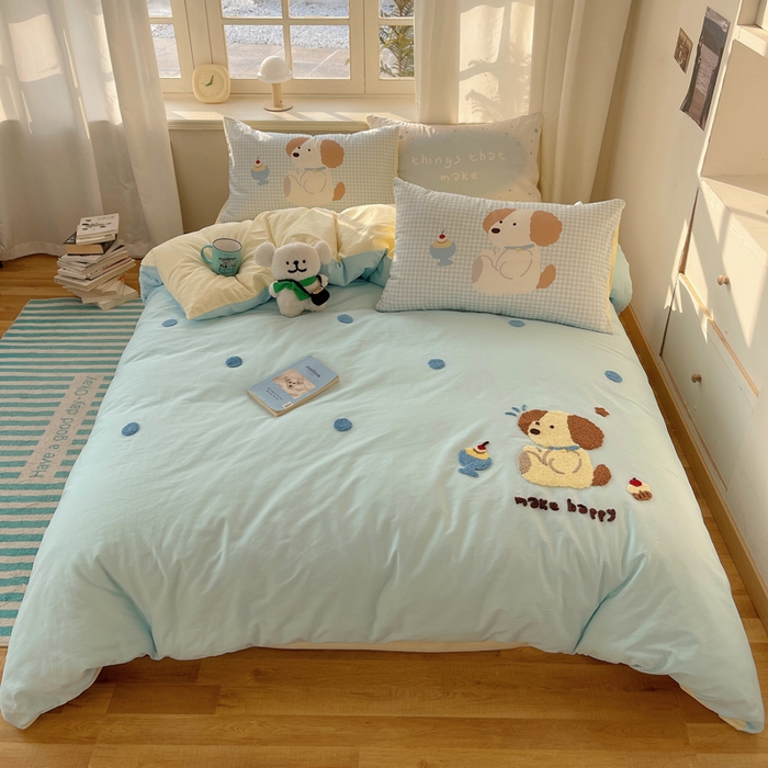 91家纺网 家纺一手货源 找家纺 美乐迪家纺 2025新款休闲风系列全棉毛巾绣四件套 布丁狗狗