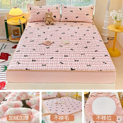 91家纺网 家纺一手货源 找家纺 帛洵 2025新款舒适亲肤高克重牛奶绒夹棉床笠 蝴蝶结-粉