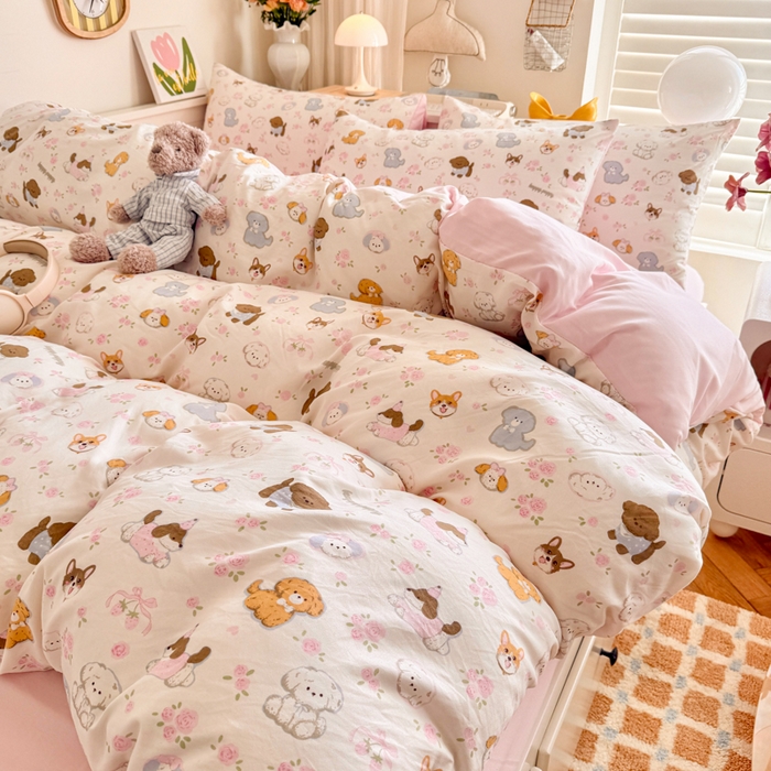 91家纺网 家纺一手货源 找家纺 慕澄家纺 2025新款小清新水洗棉印花四件套 萌趣版-狗狗派对