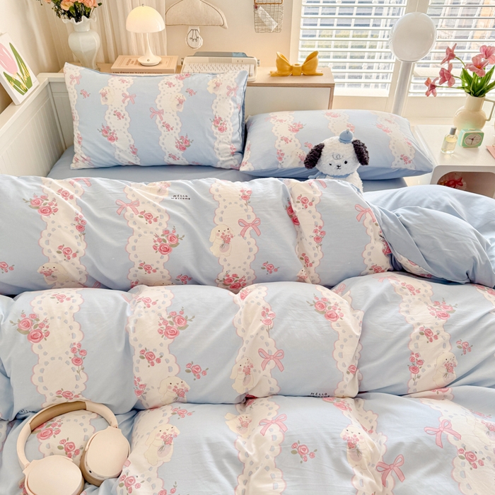 91家纺网 家纺一手货源 找家纺 慕澄家纺 2025新款小清新水洗棉印花四件套 萌趣版-蓝色花语