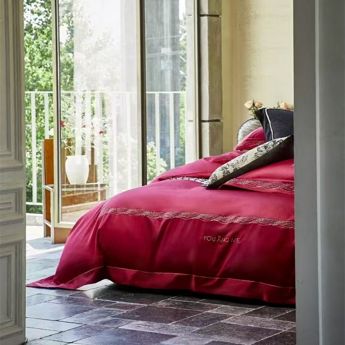 91家纺网 家纺一手货源 找家纺 玖玖爱家纺 2025新款180支植物甑棉四件套-时光之舞 时光之舞-波尔多红