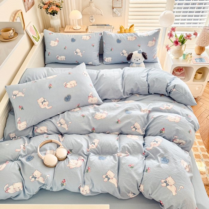 91家纺网 家纺一手货源 找家纺 慕澄家纺 2025新款小清新水洗棉印花四件套 萌趣版-卡哇伊猫咪