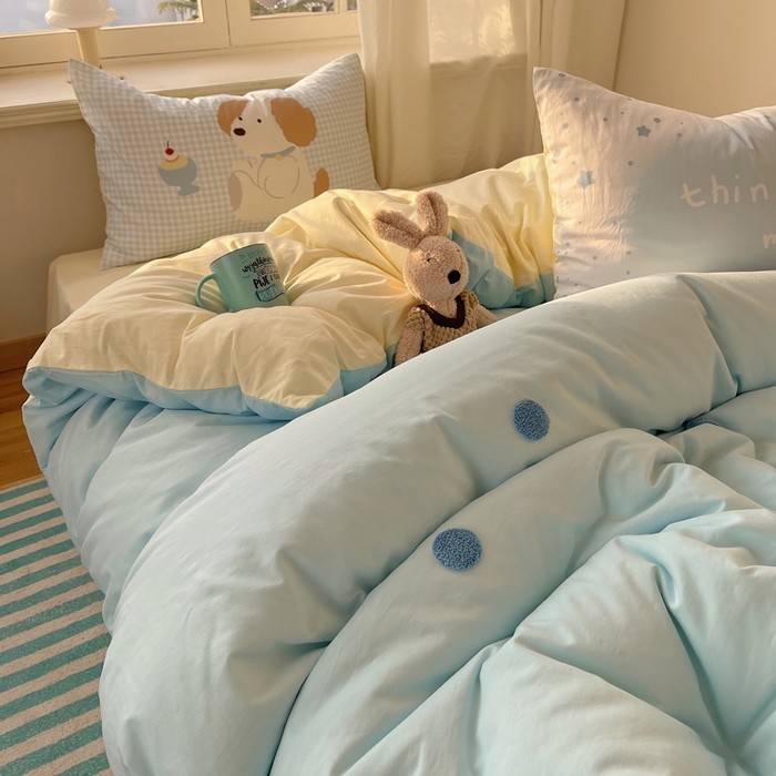 91家纺网 家纺一手货源 找家纺 美乐迪家纺 2025新款休闲风系列全棉毛巾绣四件套 布丁狗狗