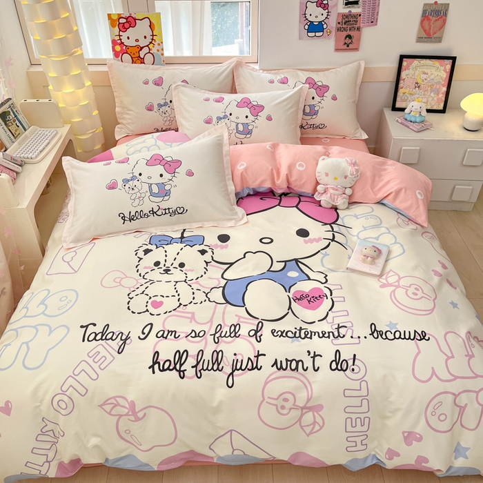 91家纺网 家纺一手货源 找家纺 博雅 2025新款三丽鸥大版印花全棉四件套专版花型 全棉大版（升级款信封枕）漫画KT猫