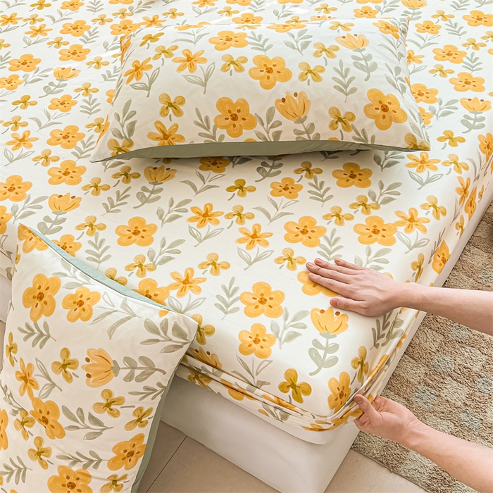 91家纺网 家纺一手货源 找家纺 雯豆2025春夏新品全棉床笠三件套学生成人印花纯棉床罩 全棉床笠-暖阳