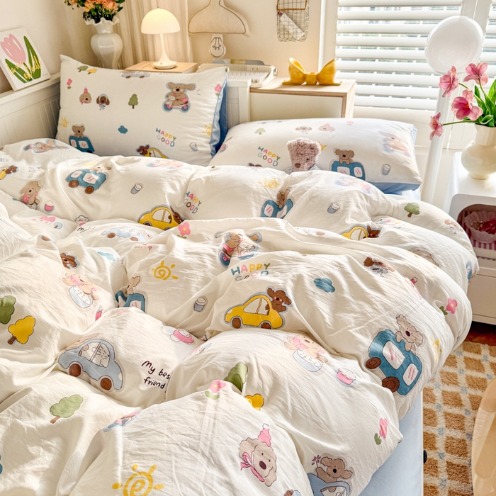 91家纺网 家纺一手货源 找家纺 慕澄家纺 2025新款小清新水洗棉印花四件套 萌趣版-汽车动员