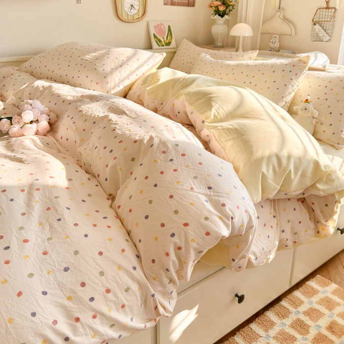 91家纺网 家纺一手货源 找家纺 慕澄家纺 2025新款小清新水洗棉印花四件套 萌趣版-奶油波点