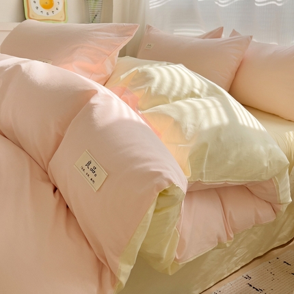 眠博士 2025新款40支高支高密全棉撞色双拼四件套 全棉拼色-浅粉+浅黄