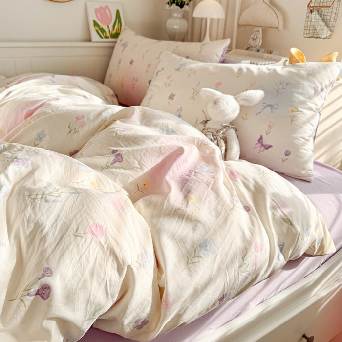 91家纺网 家纺一手货源 找家纺 慕澄家纺 2025新款小清新水洗棉印花四件套 萌趣版-觅蝶