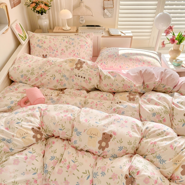 91家纺网 家纺一手货源 找家纺 慕澄家纺 2025新款小清新水洗棉印花四件套 萌趣版-花园宝贝