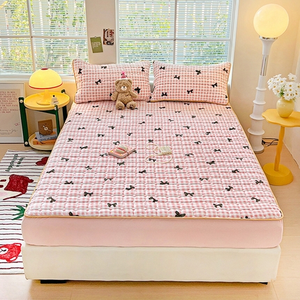 帛洵 2025新款舒适亲肤高克重牛奶绒夹棉床笠 蝴蝶结-粉