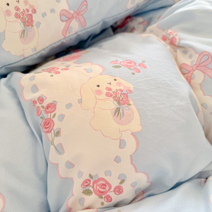 91家纺网 家纺一手货源 找家纺 慕澄家纺 2025新款小清新水洗棉印花四件套 萌趣版-蓝色花语