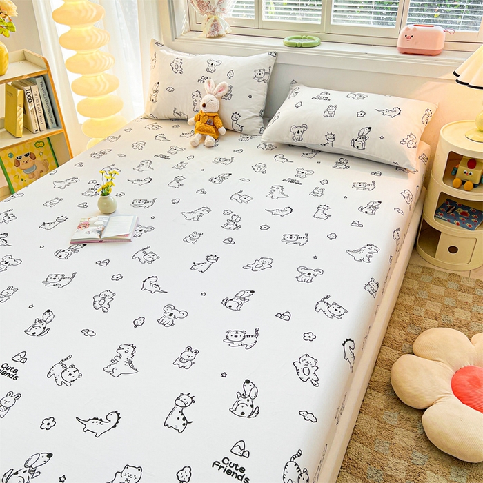 91家纺网 家纺一手货源 找家纺 雯豆2025春夏新品全棉床笠三件套学生成人印花纯棉床罩 全棉床笠-动物城