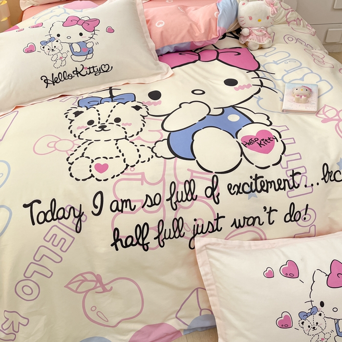 91家纺网 家纺一手货源 找家纺 博雅 2025新款三丽鸥大版印花全棉四件套专版花型 全棉大版（升级款信封枕）漫画KT猫