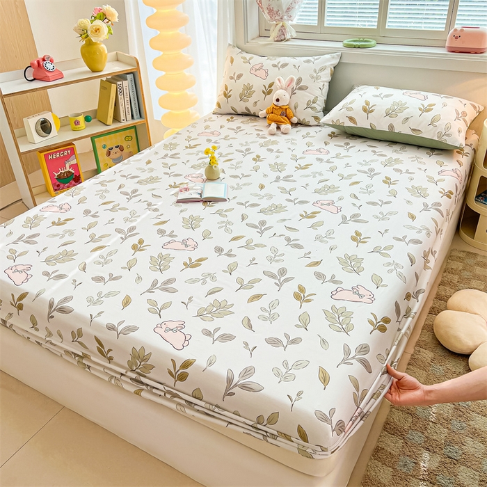 91家纺网 家纺一手货源 找家纺 雯豆2025春夏新品全棉床笠三件套学生成人印花纯棉床罩 全棉床笠-丛林兔