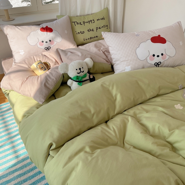 91家纺网 家纺一手货源 找家纺 美乐迪家纺 2025新款休闲风系列全棉毛巾绣四件套 休闲小狗