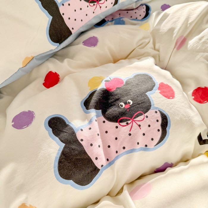 91家纺网 家纺一手货源 找家纺 慕澄家纺 2025新款小清新水洗棉印花四件套 萌趣版-彩波波