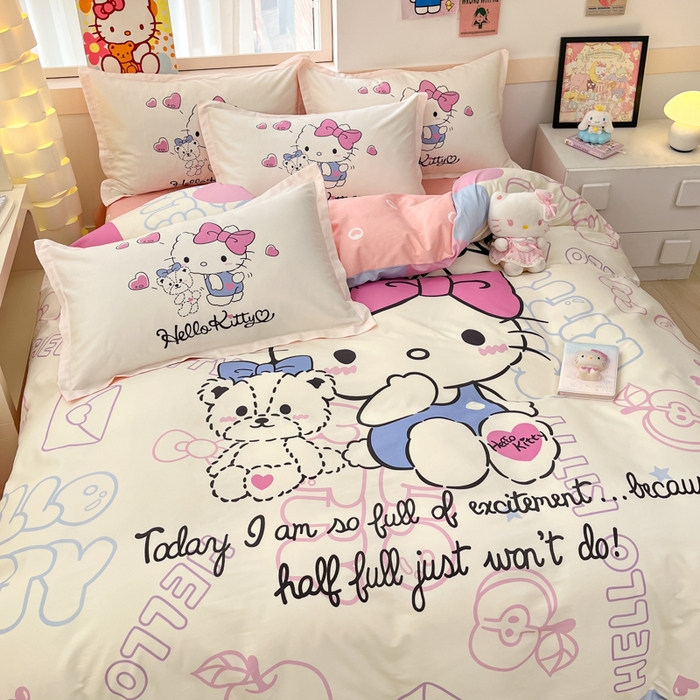 91家纺网 家纺一手货源 找家纺 博雅 2025新款三丽鸥大版印花全棉四件套专版花型 全棉大版（升级款信封枕）漫画KT猫