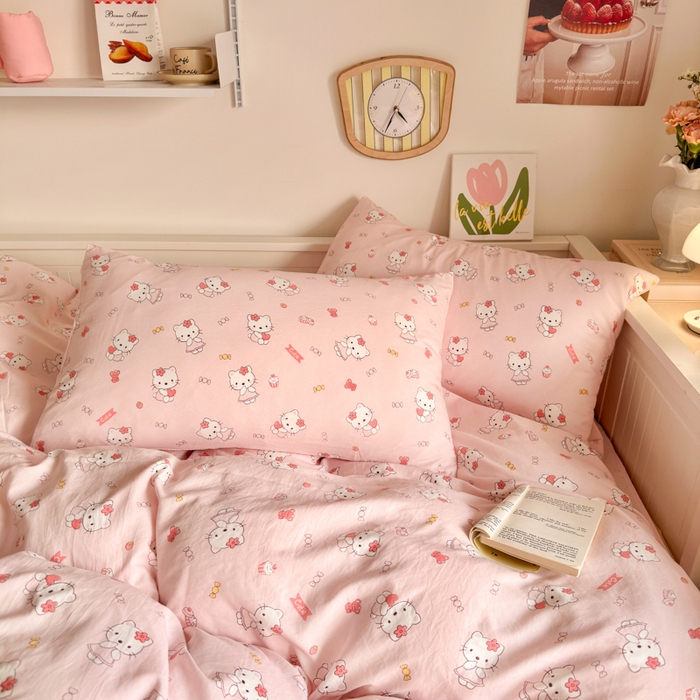 91家纺网 家纺一手货源 找家纺 慕澄家纺 2025新款小清新水洗棉印花四件套 萌趣版-粉咪咪