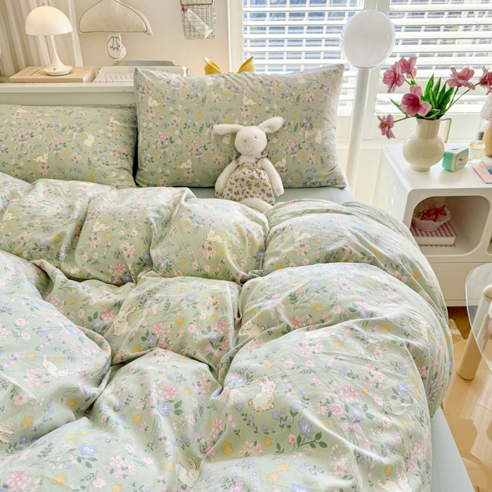 91家纺网 家纺一手货源 找家纺 慕澄家纺 2025新款小清新水洗棉印花四件套 萌趣版-碎花兔兔