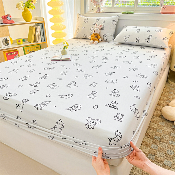 91家纺网 家纺一手货源 找家纺 雯豆2025春夏新品全棉床笠三件套学生成人印花纯棉床罩 全棉床笠-动物城