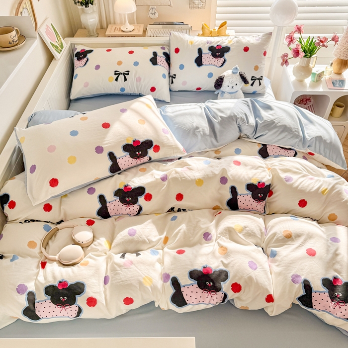 91家纺网 家纺一手货源 找家纺 慕澄家纺 2025新款小清新水洗棉印花四件套 萌趣版-彩波波