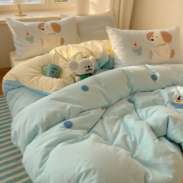 91家纺网 家纺一手货源 找家纺 美乐迪家纺 2025新款休闲风系列全棉毛巾绣四件套 布丁狗狗