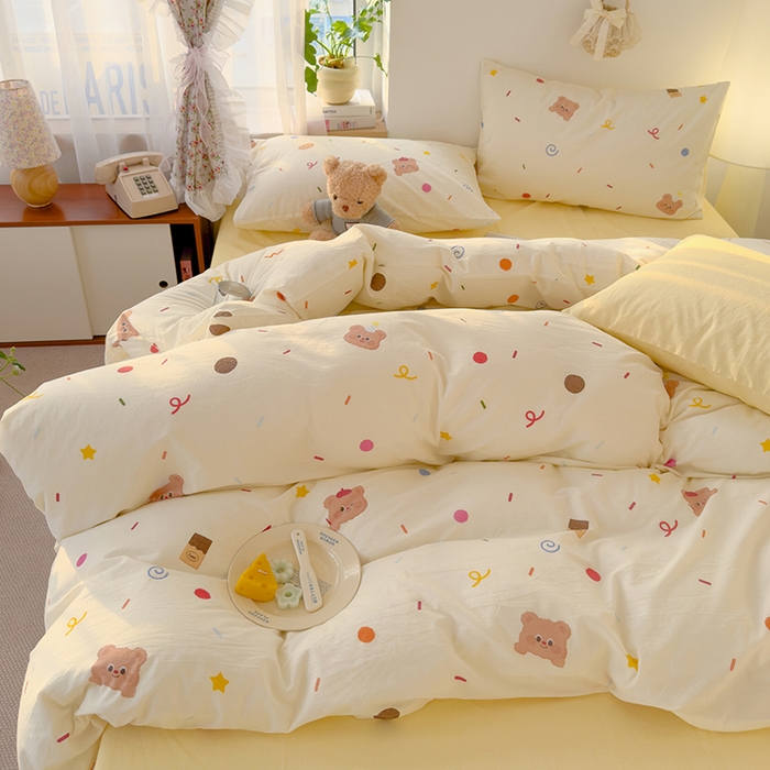 91家纺网 家纺一手货源 找家纺 颜选 2025新款水洗棉印花四件套 饼干熊