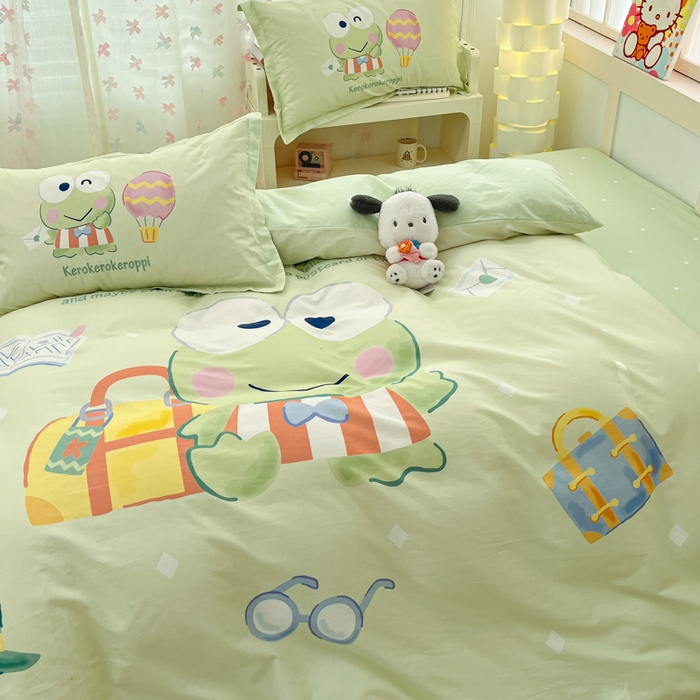 91家纺网 家纺一手货源 找家纺 博雅 2025新款三丽鸥大版印花全棉四件套专版花型 全棉大版（升级款信封枕）开心天眼蛙