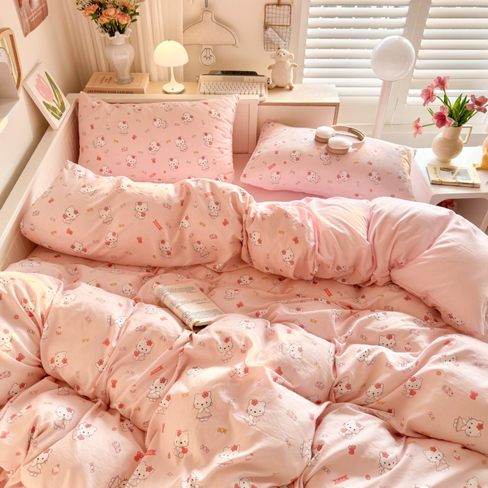 91家纺网 家纺一手货源 找家纺 慕澄家纺 2025新款小清新水洗棉印花四件套 萌趣版-粉咪咪