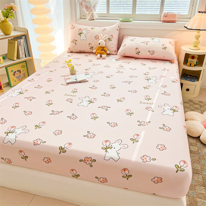 91家纺网 家纺一手货源 找家纺 雯豆2025春夏新品全棉床笠三件套学生成人印花纯棉床罩 全棉床笠-甜心派