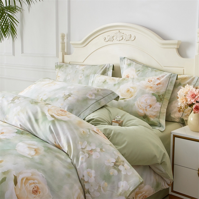 91家纺网 家纺一手货源 找家纺 曼秀琳 2025新款铂金棉数码印花四件套(全棉133*76) 墨雨云间-绿