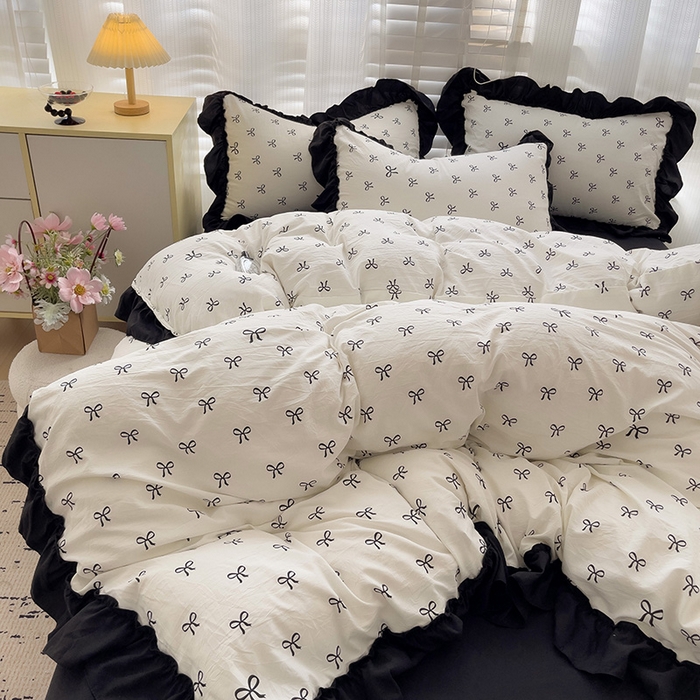 91家纺网 家纺一手货源 找家纺 繁花家居 2025新款黑色花边赫本风水洗棉双层纱针织棉韩式花边四件套 少女心