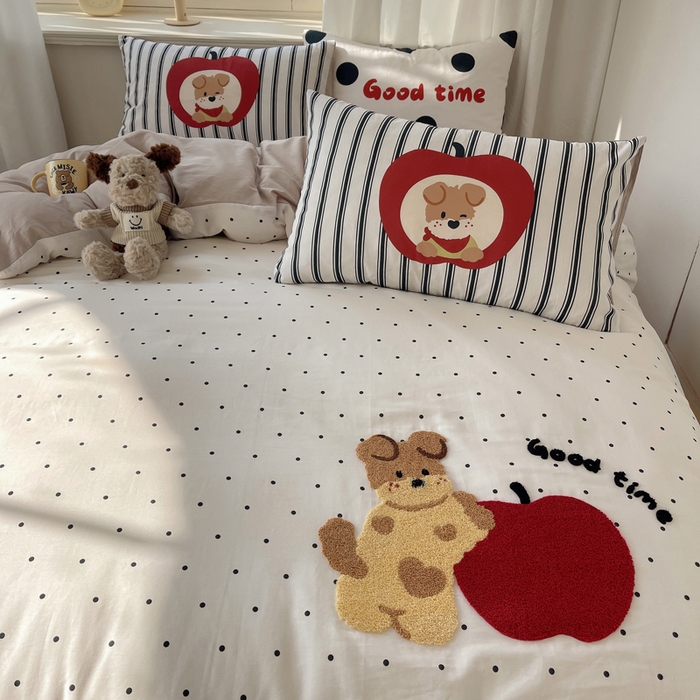 91家纺网 家纺一手货源 找家纺 美乐迪家纺 2025新款休闲风系列全棉毛巾绣四件套 苹果狗狗