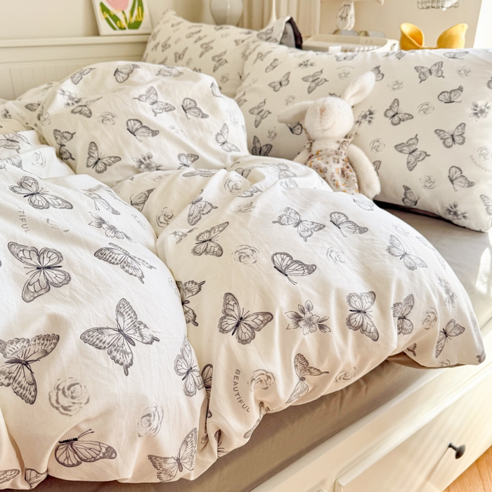 91家纺网 家纺一手货源 找家纺 慕澄家纺 2025新款小清新水洗棉印花四件套 萌趣版-蝶恋