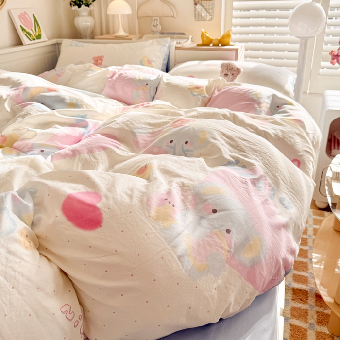 91家纺网 家纺一手货源 找家纺 慕澄家纺 2025新款小清新水洗棉印花四件套 萌趣版-小象