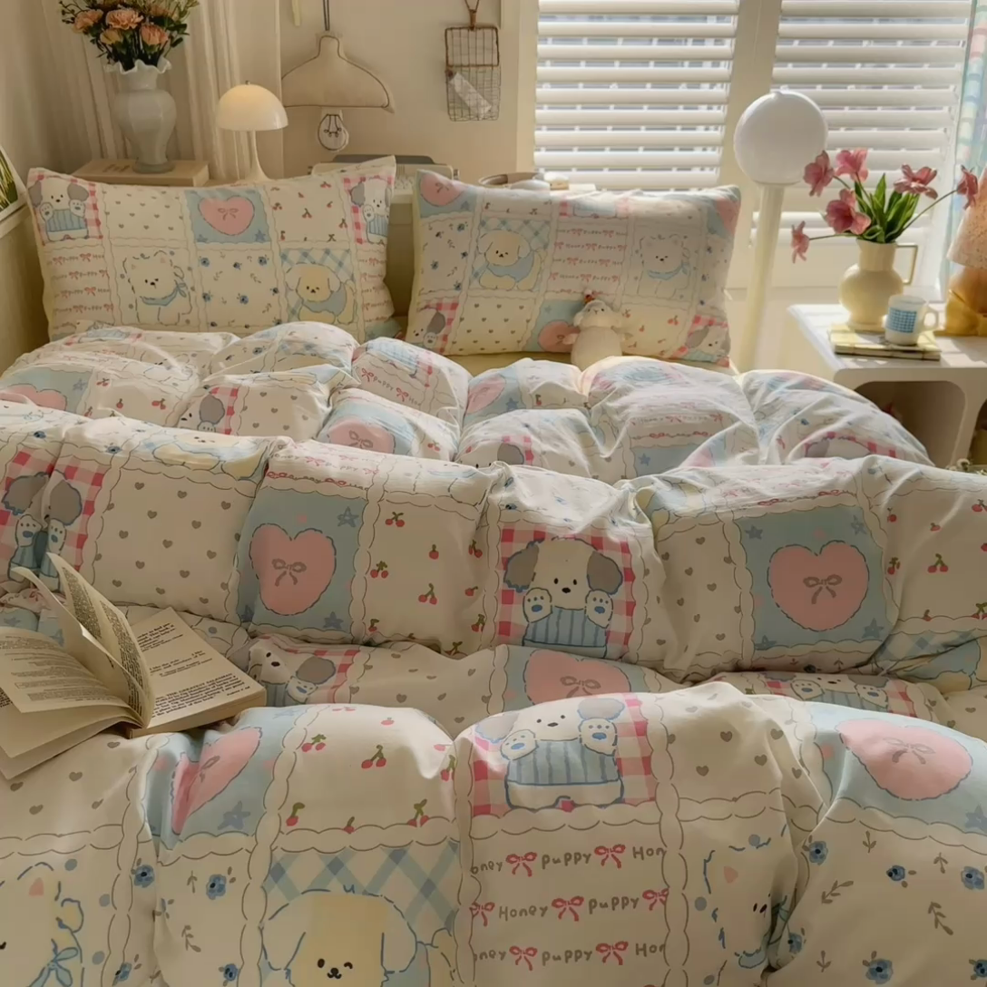 91家纺网 家纺一手货源 找家纺 慕澄家纺 2025新款小清新水洗棉印花四件套 萌趣版-格子铺