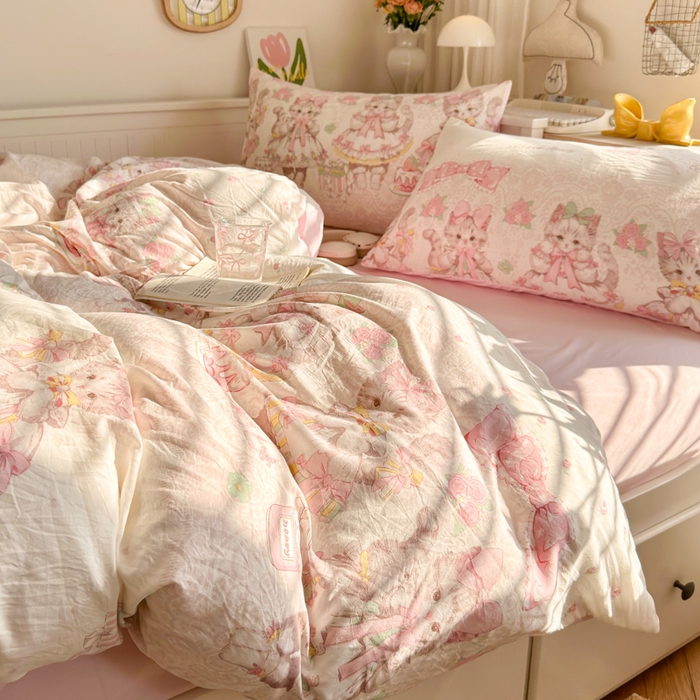 91家纺网 家纺一手货源 找家纺 慕澄家纺 2025新款小清新水洗棉印花四件套 萌趣版-洛丽塔