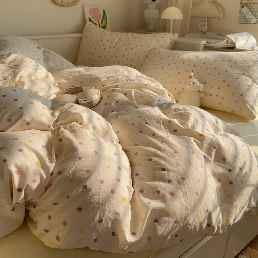 91家纺网 家纺一手货源 找家纺 慕澄家纺 2025新款小清新水洗棉印花四件套 萌趣版-奶油波点