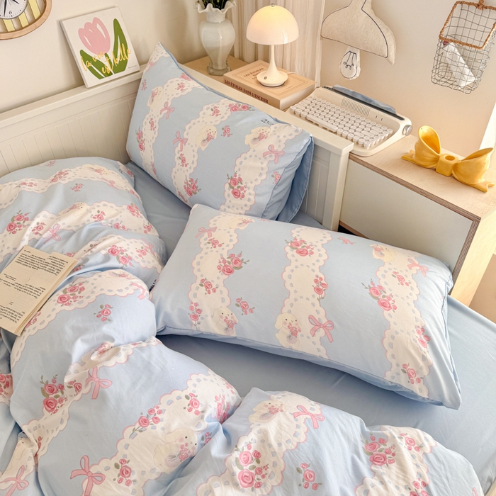 91家纺网 家纺一手货源 找家纺 慕澄家纺 2025新款小清新水洗棉印花四件套 萌趣版-蓝色花语