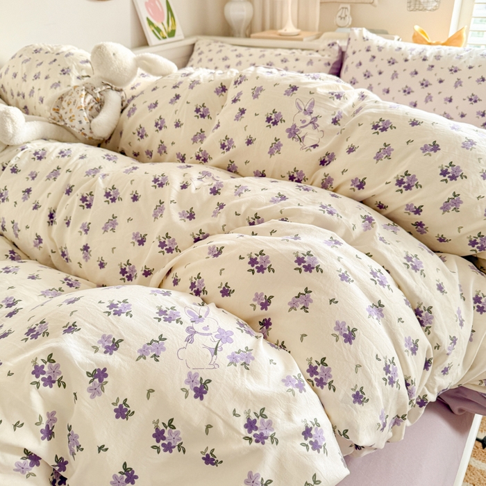 91家纺网 家纺一手货源 找家纺 慕澄家纺 2025新款小清新水洗棉印花四件套 萌趣版-兔寻花