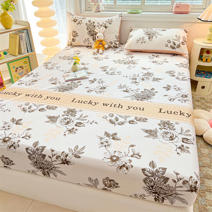 91家纺网 家纺一手货源 找家纺 雯豆2025春夏新品全棉床笠三件套学生成人印花纯棉床罩 全棉床笠-蔓秋