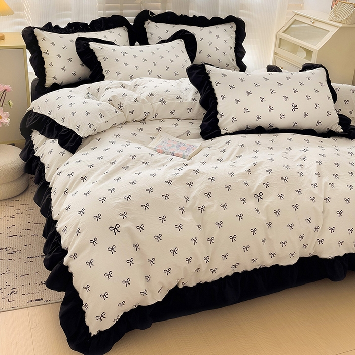 91家纺网 家纺一手货源 找家纺 繁花家居 2025新款黑色花边赫本风水洗棉双层纱针织棉韩式花边四件套 少女心