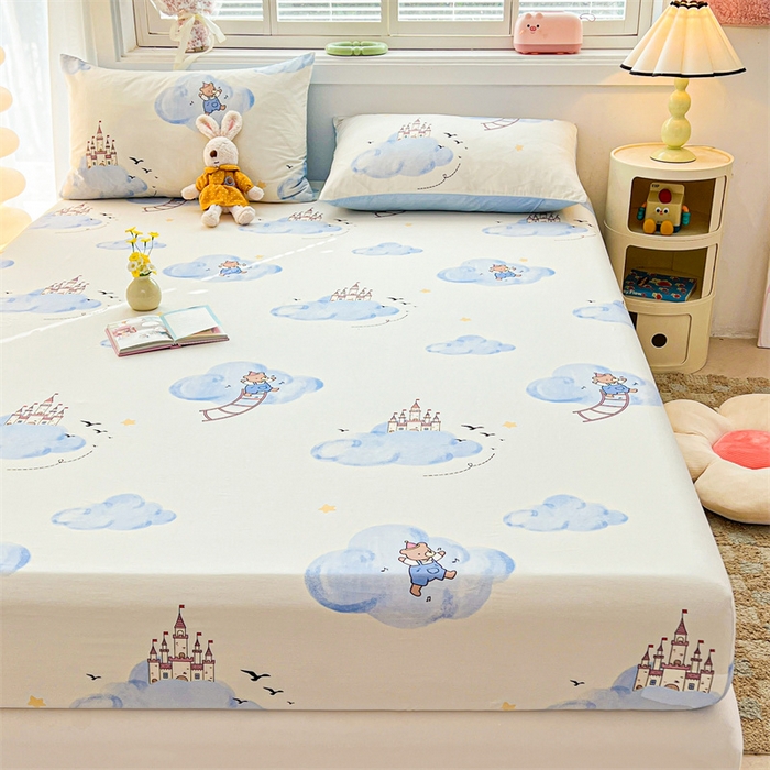 91家纺网 家纺一手货源 找家纺 雯豆2025春夏新品全棉床笠三件套学生成人印花纯棉床罩 全棉床笠-熊熊城堡