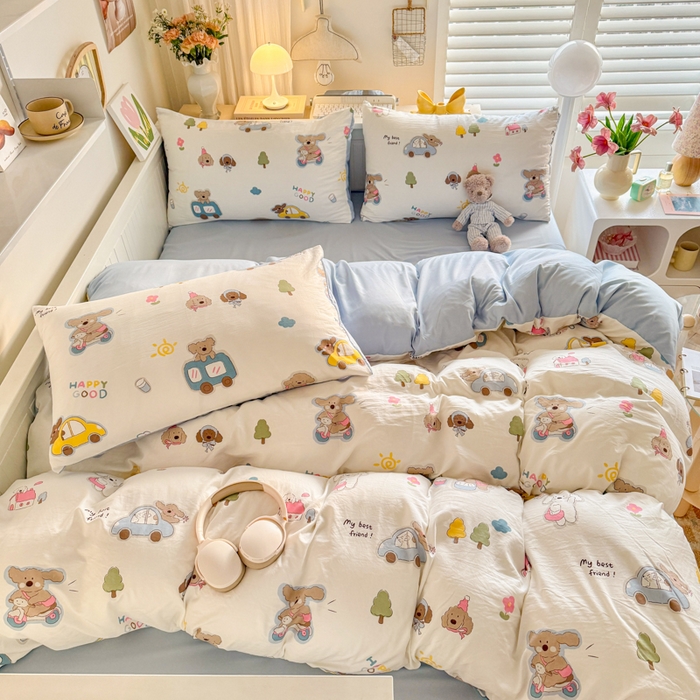 91家纺网 家纺一手货源 找家纺 慕澄家纺 2025新款小清新水洗棉印花四件套 萌趣版-汽车动员