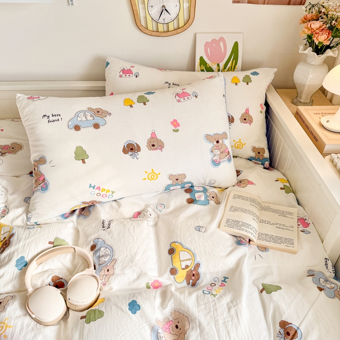 91家纺网 家纺一手货源 找家纺 慕澄家纺 2025新款小清新水洗棉印花四件套 萌趣版-汽车动员