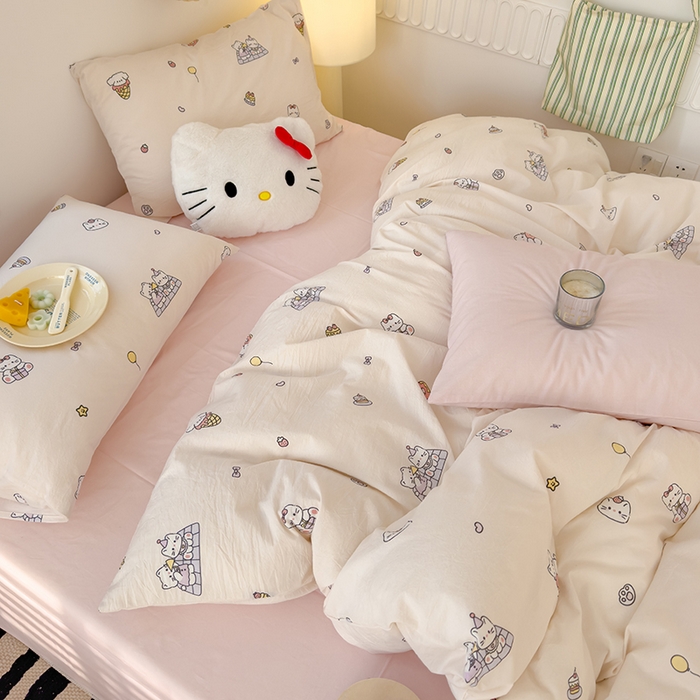 91家纺网 家纺一手货源 找家纺 颜选 2025新款水洗棉印花四件套 可可猫咪