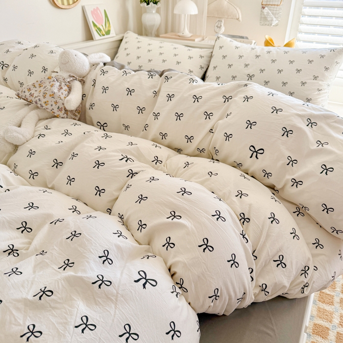 91家纺网 家纺一手货源 找家纺 慕澄家纺 2025新款小清新水洗棉印花四件套 萌趣版-黑系蝴蝶结