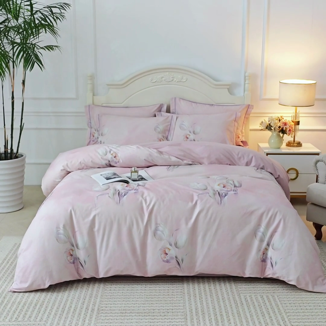 91家纺网 家纺一手货源 找家纺 曼秀琳 2025新款铂金棉数码印花四件套(全棉133*76) 黛墨清华-粉