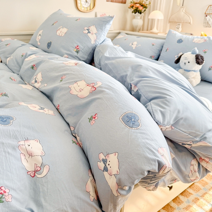 91家纺网 家纺一手货源 找家纺 慕澄家纺 2025新款小清新水洗棉印花四件套 萌趣版-卡哇伊猫咪